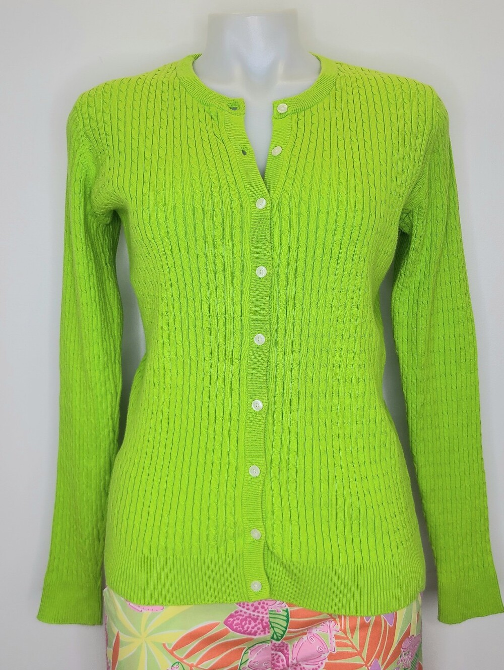 Lilly Pulitzer Vintage Y2K Cable Knit Lime Green Neon Cardigan Sweater Small